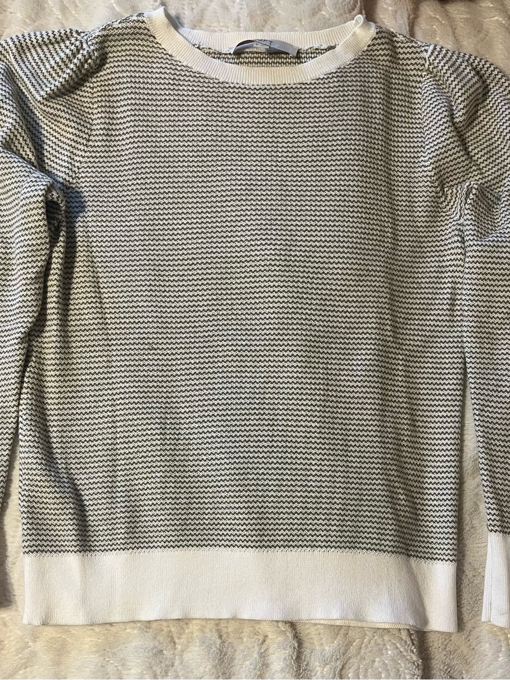 LOFT Cream and Army Green Zigzag Pinstripe Crewneck Sweater